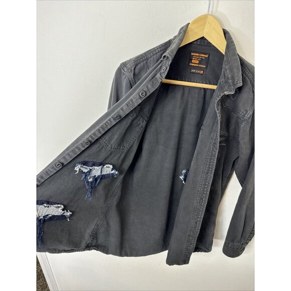 SuperDry Commodity Edition 40Cm Large Black Denim Distressed Button Shirt - Picture 9 of 10
